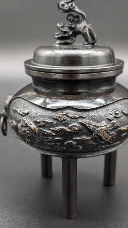 VINTAGE INCENSE BURNER with Lion and Crane by ZUIHOU TRUE JAPANESE ARTISAN